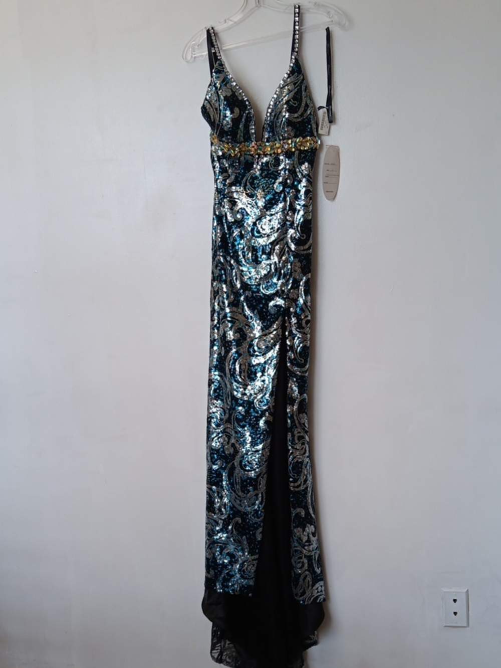 Panoply Sequined Black Silver and Teal Maxi Dress with Gold Accent